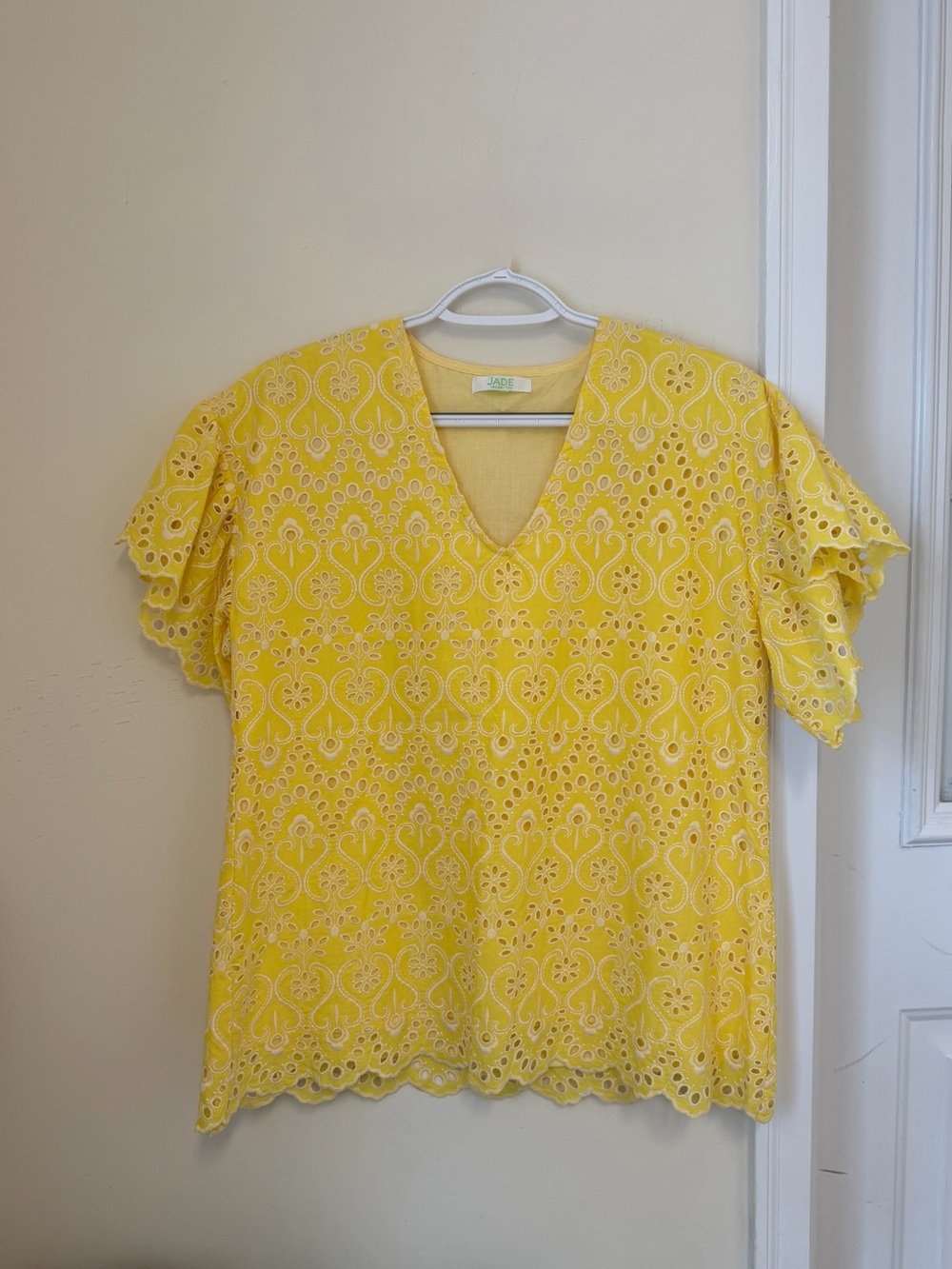 Jade Bright Yellow Eyelet V-Neck Flutter Sleeve Blouse
